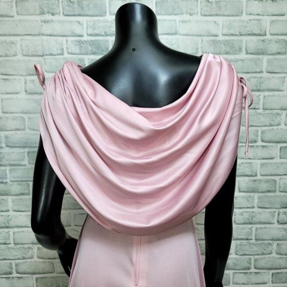Vintage 70s Union Made Pink‎ Draped Back Cinched Shoulder Disco Dress Tie Belt - Picture 9 of 12